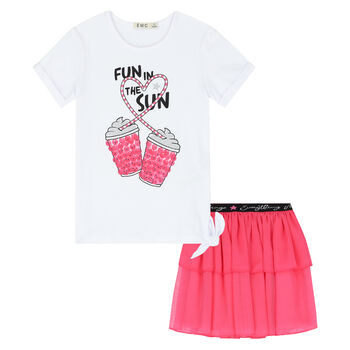 Girls White & Pink Skirt Set